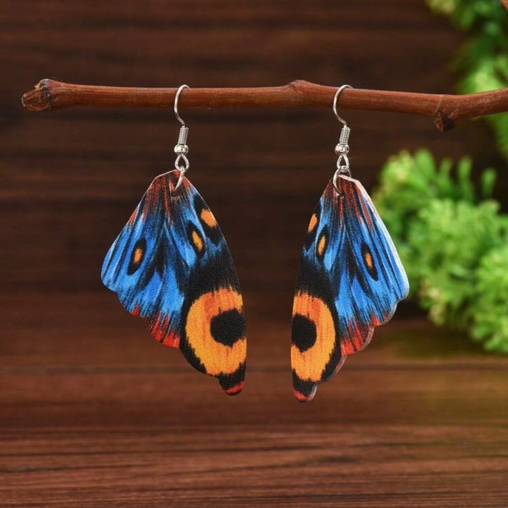 Vibrant Blue and Orange Butterfly Earrings - Picture 2 of 4